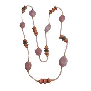 Pink Beaded Necklace Wooden Accents Statement Jewelry 28 In Handmade Rustic Boho